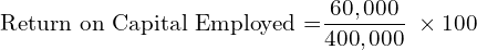 \text{Return on Capital Employed =}\dfrac{60,000}{400,000} \; \times 100 \\