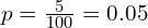   p=\frac{5}{100}=0.05 \\