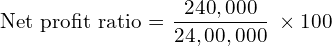 \text{Net profit ratio = }\dfrac{240,000}{24,00,000}\; \times 100\\