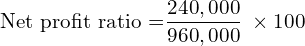 \text{Net profit ratio =}\dfrac{240,000}{960,000}\; \times 100\\