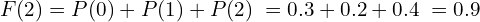 Rendered by QuickLaTeX.com   F(2)=P(0)+P(1)+P(2)\; =0.3+0.2+0.4\;=0.9 \\