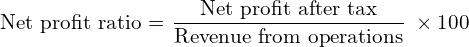 \text{Net profit ratio = }\dfrac{\text{Net profit after tax}}{\text{Revenue from operations}}\; \times 100\\