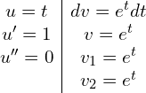 Rendered by QuickLaTeX.com  \begin{array}{c|c} u = t     & dv = e^{t}dt \\ u' = 1   & v = e^{t} \\ u'' = 0   & v_{1} = e^{t} \\            & v_{2} = e^{t} \\ \end{array}\\