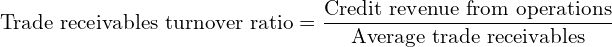  \text{Trade receivables turnover ratio} =\dfrac{\text{Credit revenue from operations}}{\text{Average trade receivables}} \\