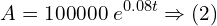 Rendered by QuickLaTeX.com  A=\displaystyle {100000}\; e^{0.08 t}\Rightarrow (2) \\