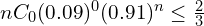   nC_{0} (0.09)^{0}(0.91)^{n} \le \frac{2}{3}\\