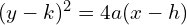 Rendered by QuickLaTeX.com (y-k)^{2}=4a (x-h)\\