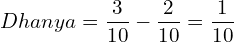  Dhanya = \dfrac{3}{10}-\dfrac{2}{10} =\dfrac{1}{10}\\ 