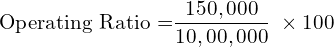  \text{Operating Ratio =}\dfrac{150,000}{10,00,000} \; \times 100 \\