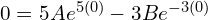Rendered by QuickLaTeX.com  0=5Ae^{5(0)}-3Be^{-3(0)} \\