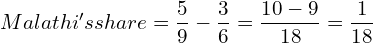 Malathi's share =\dfrac{5}{9}-\dfrac{3}{6}= \dfrac{10-9}{18}=\dfrac{1}{18}\\ 
