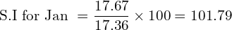 \text{S.I for Jan }=\dfrac{17.67}{17.36} \times 100=101.79\\