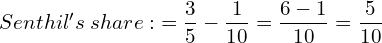   Senthil's\; share:\; =\dfrac{3}{5}-\dfrac{1}{10}=\dfrac{6-1}{10}=\dfrac{5}{10} \\ 