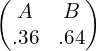  \begin{pmatrix}  A&B \\   .36& .64 \end{pmatrix}\\ 