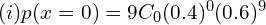  (i) p(x=0)=9C_{0}(0.4)^{0}(0.6)^{9} \\