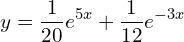 Rendered by QuickLaTeX.com  y=\displaystyle \frac{1}{20}e^{5x}+\displaystyle \frac{1}{12}e^{-3x}\\