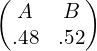  \begin{pmatrix}  A&B \\   .48& .52 \end{pmatrix}\\