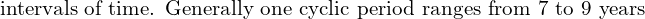    \text{intervals of time. Generally one cyclic period ranges from 7 to 9 years}\\