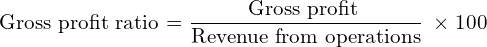 \text{Gross profit ratio = }\dfrac{\text{Gross profit }}{\text{Revenue from operations}}\; \times 100\\