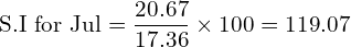 \text{S.I for Jul}=\dfrac{20.67}{17.36} \times 100=119.07\\