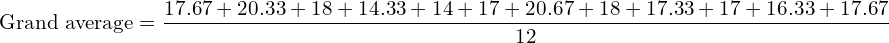 \text{Grand average}=\dfrac{17.67+20.33+18+14.33+14+17+20.67+18+17.33+17+16.33+17.67}{12}\\